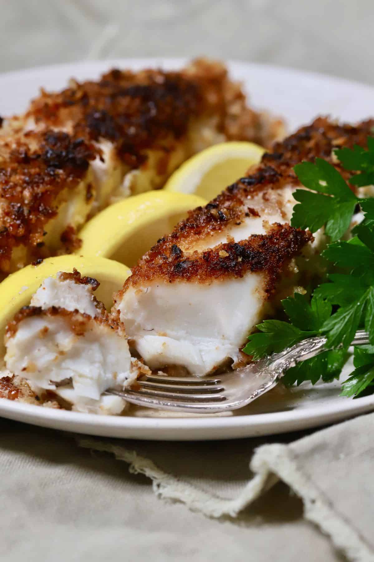 Two fish fillets coated with pecans and panko on a plate. 