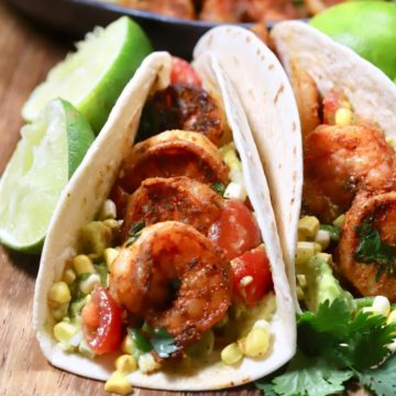 A flour tortilla filled with blackened shrimp.