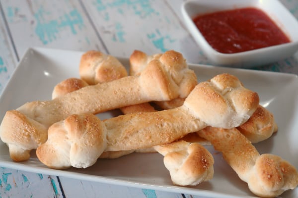 Breadsticks made into bones for Halloween. 