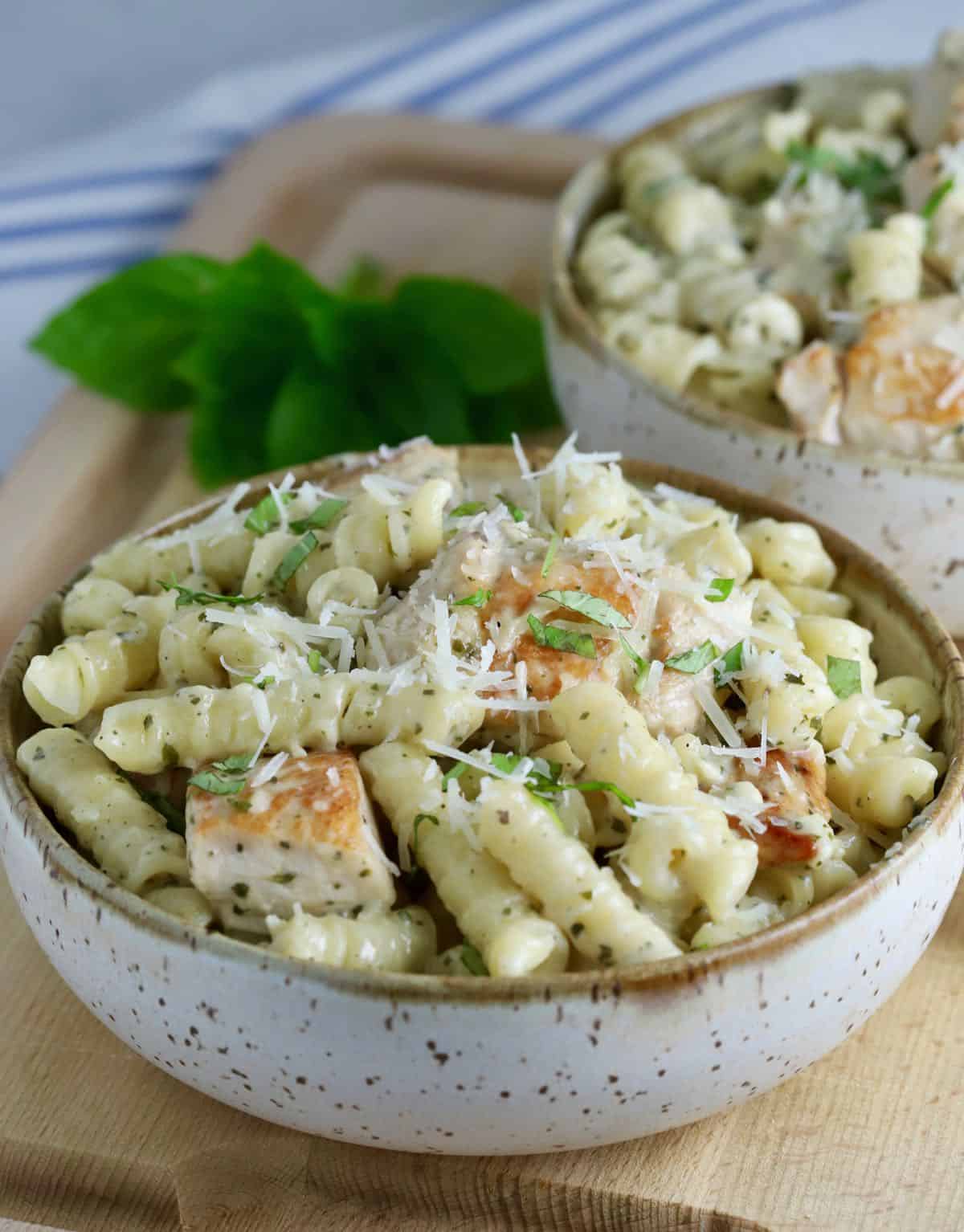 A bowl full of pasta topped with parmesan cheese and basil. 