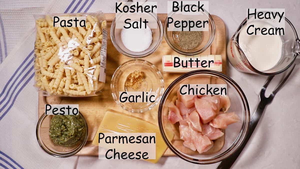 Recipe ingredients including pasta, pesto and chicken. 