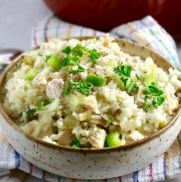 A large bowl full of chicken and rice.