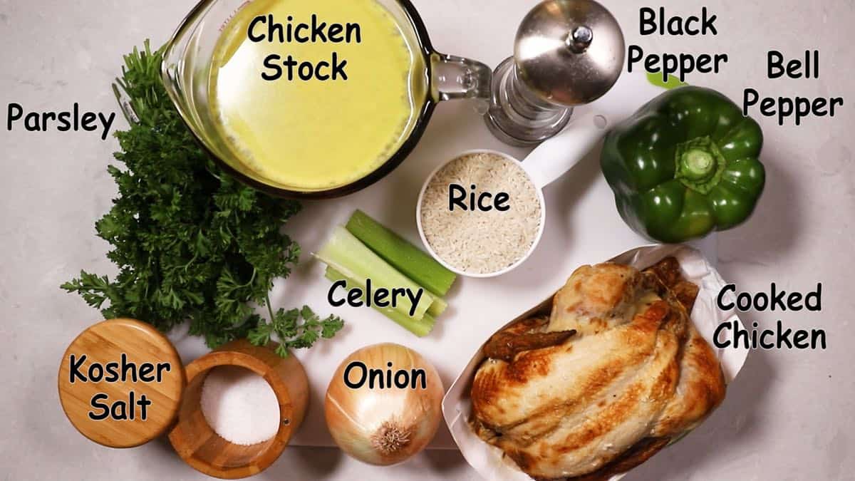 Ingredients including chicken and rice for Chicken Pilau. 