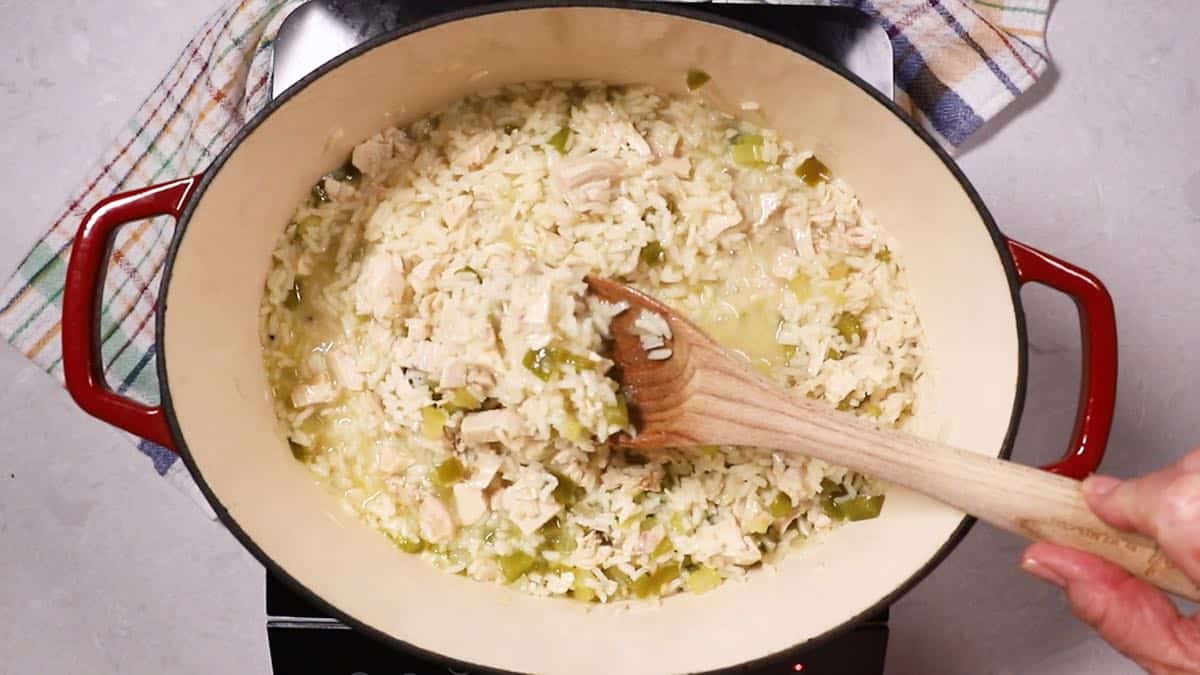 Cooking rice in a Dutch oven. 