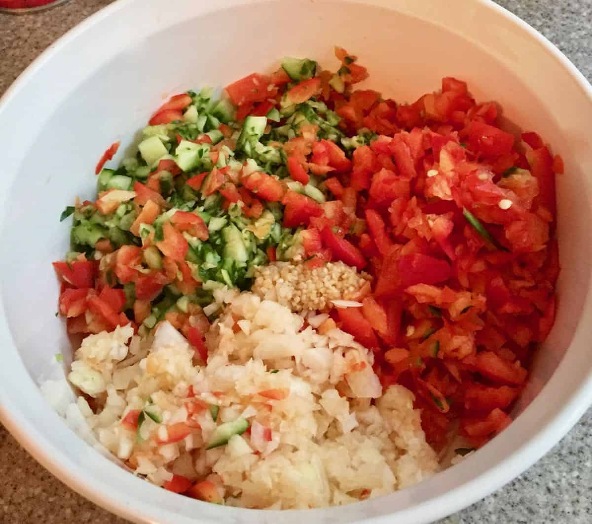 Chopped onion, bell peppers, tomatoes, and cucumbers in a white bowl. 