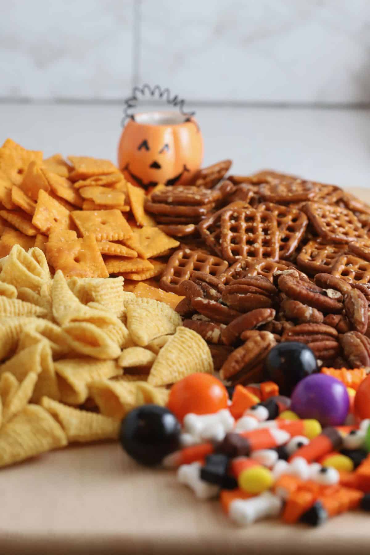 Bugles, pretzels, Cheez-its and Halloween candy. 