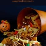Pinterest pin showing a Halloween snack mix spilling out of an orange pail.