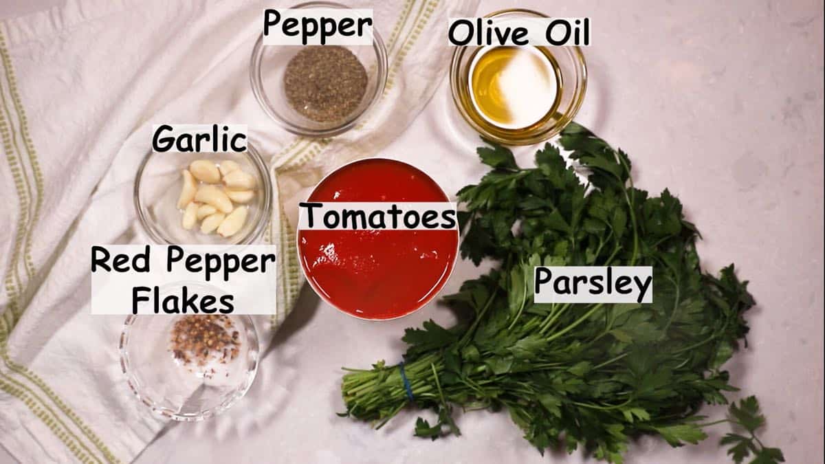 A can of tomatoes and other ingredients for marinara sauce. 