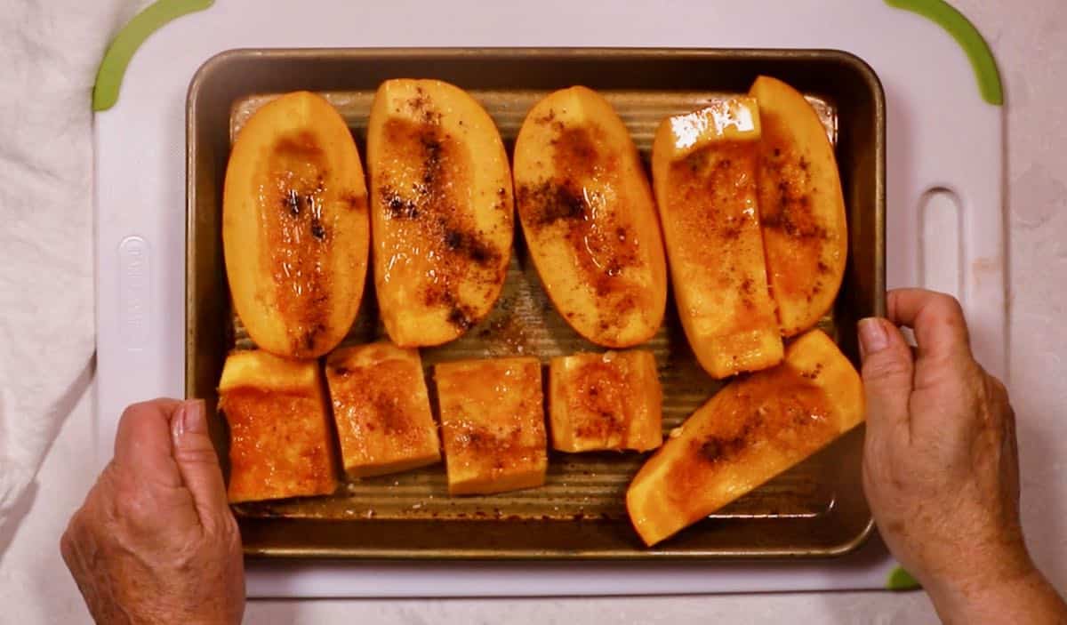 Pumpkin pieces seasoned with cinnamon and nutmeg. 