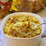 Southern Cornbread Dressing in a white serving bowl.