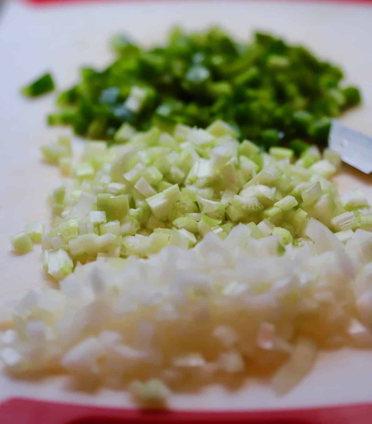 Chopped onion, celery, and bell pepper. 
