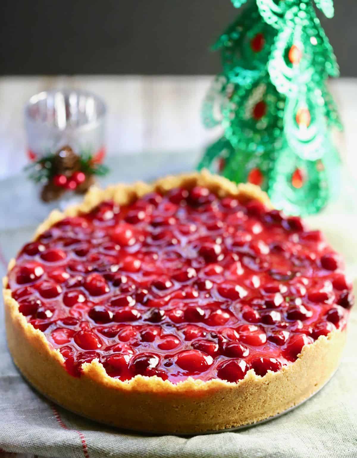 Cranberry Cheesecake on a Christmas napkin. 