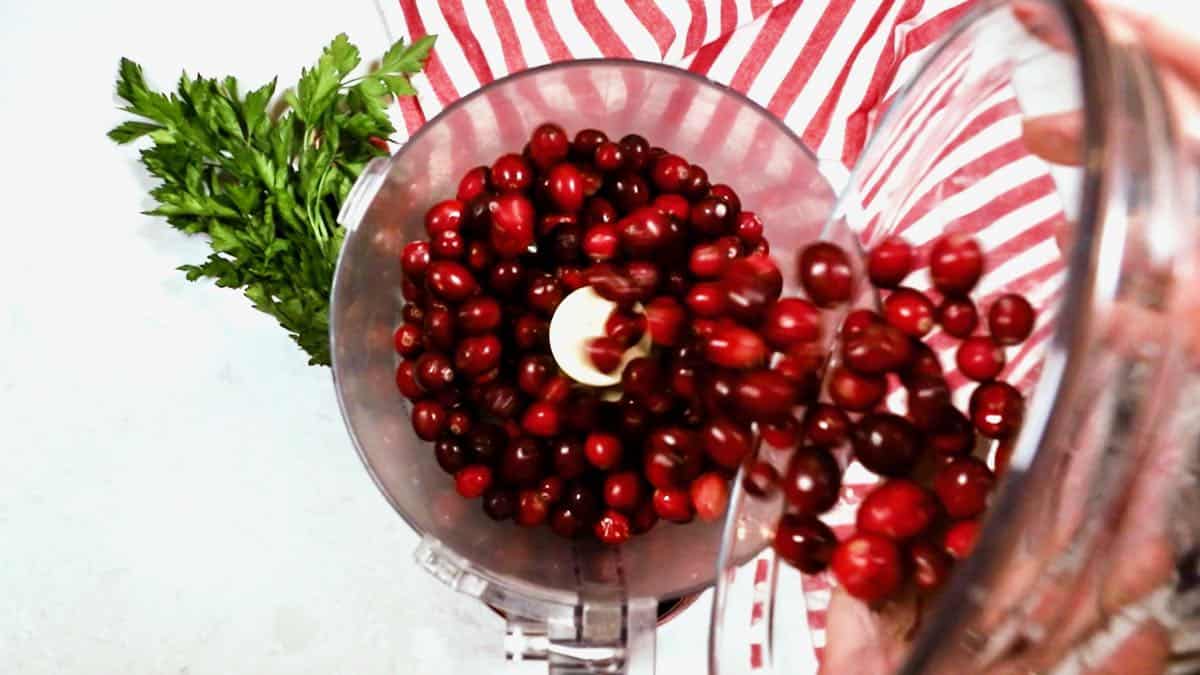 Pouring cranberries into a food processor. 