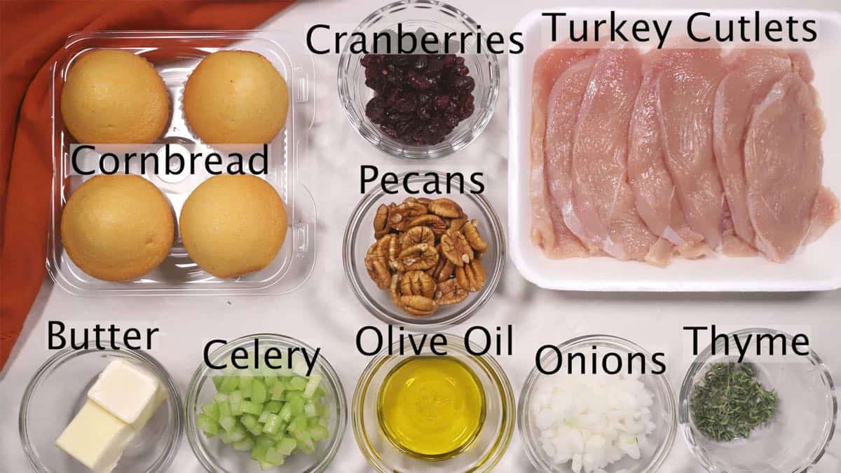 Turkey cutlets, pecans, cranberries, celery, and onion on a cutting board. 