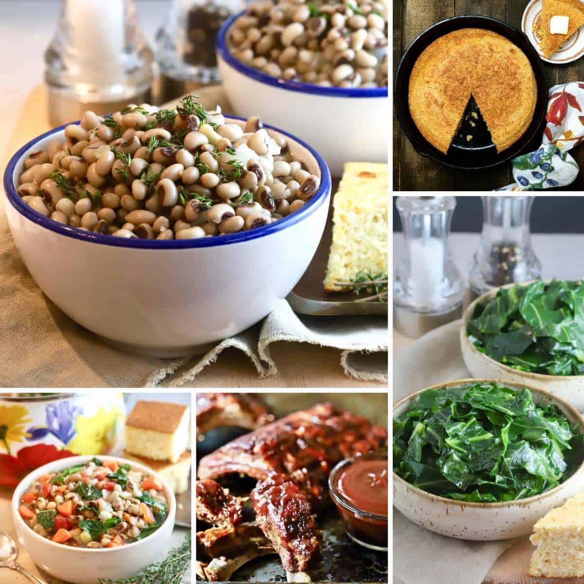 A collage of black-eyed pea dishes, collards and cornbread. 