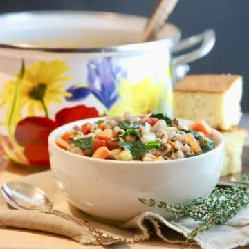 Black-Eyed Pea soup in a white bowl.