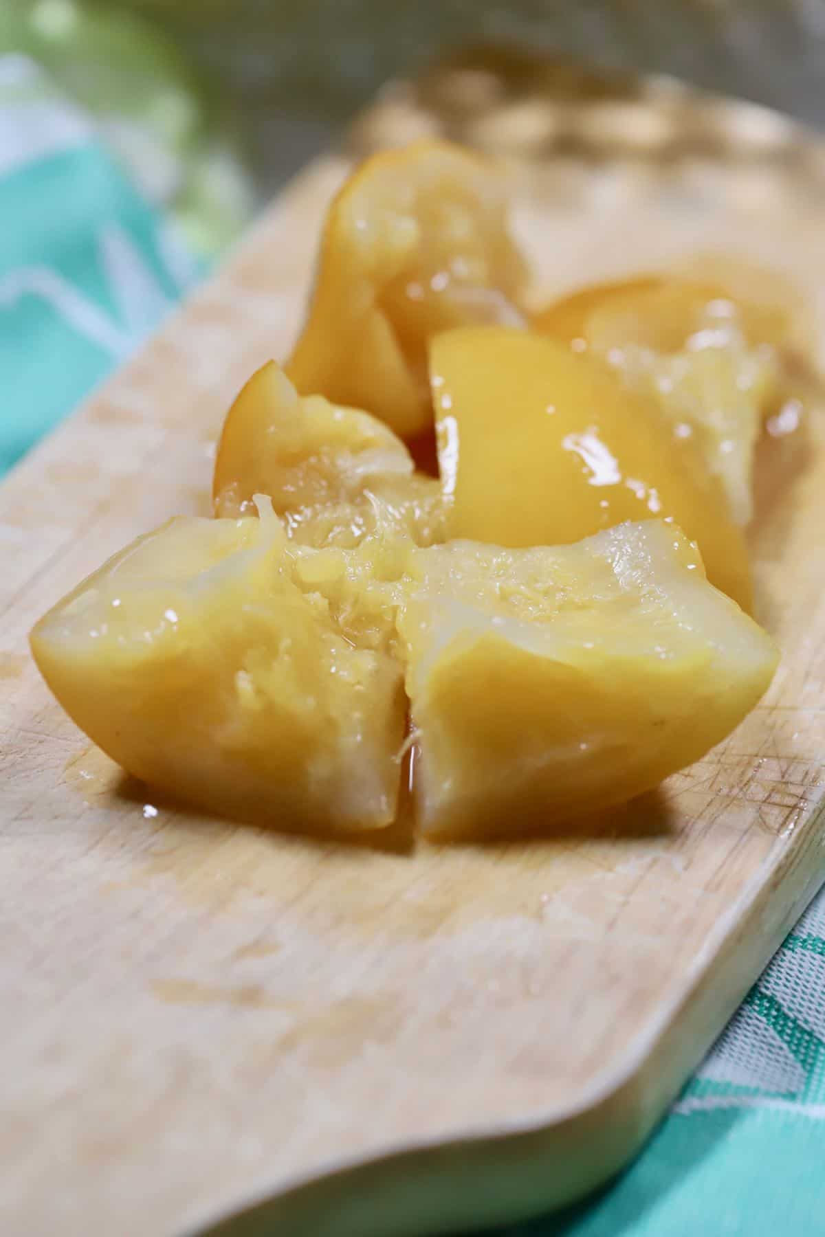 Pieces of preserved lemon peel and pulp after six months. 