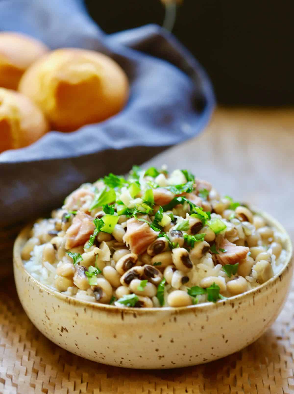 A bowl of cooked black-eyed-peas and rice, also called hoppin' john. 