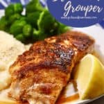 Pinterest pin showing blackened grouper on a plate.