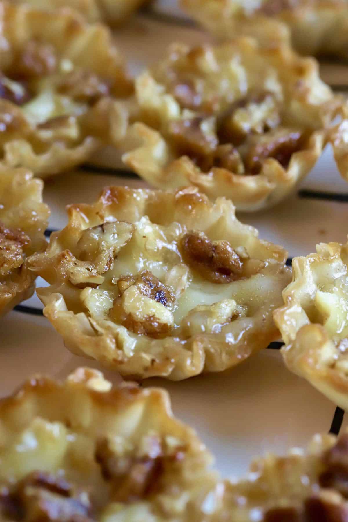 A close-uo shot of a bourbon pecan brie bite in a phyllo cup. 