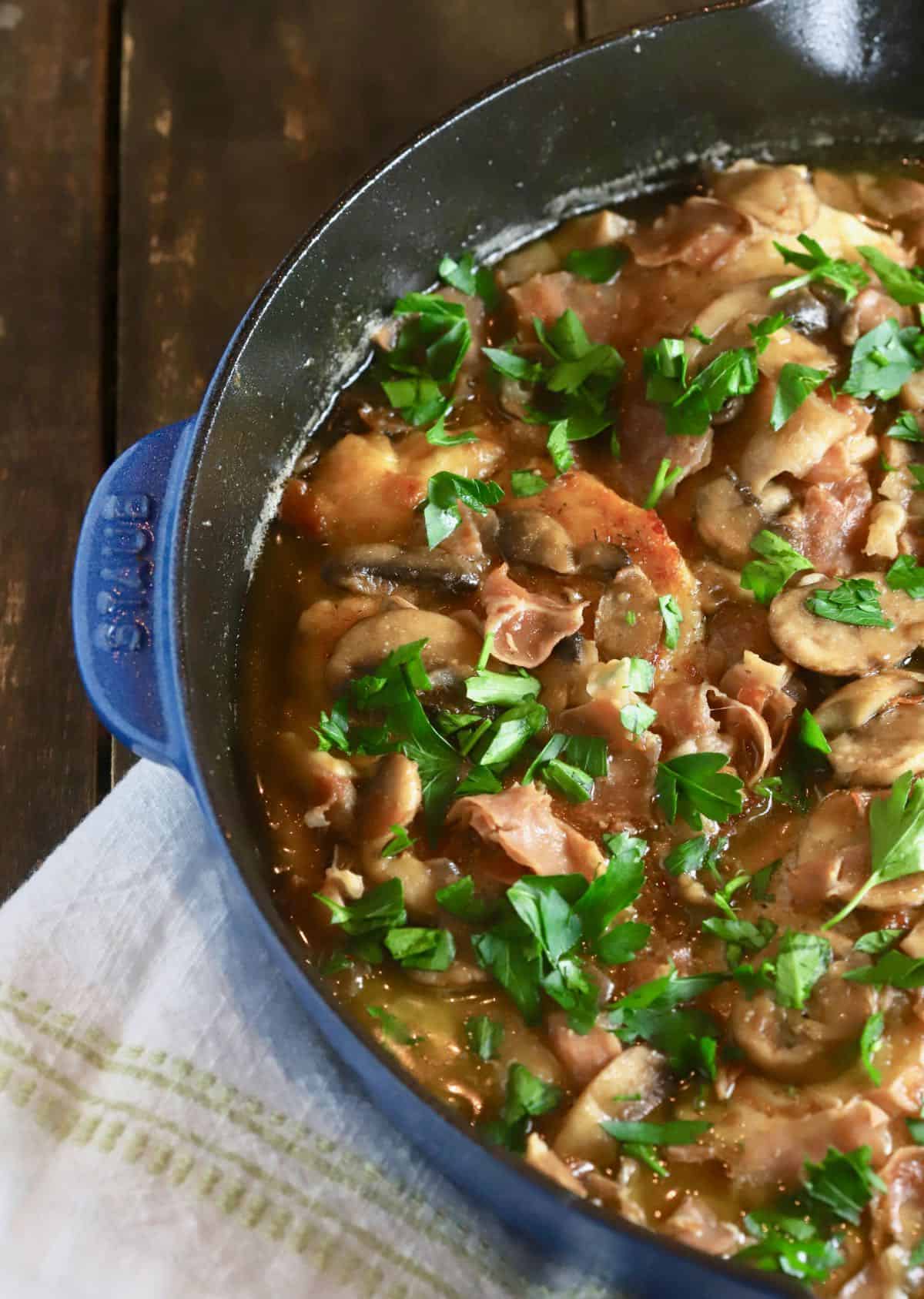 Chicken Marsala in a cast-iron skillet. 