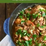 Pinterest pin showing Chicken Marsala in a cast-iron skillet.