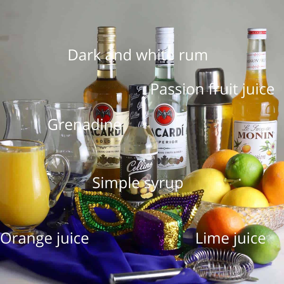 Rum and fruit juices to make hurricane drinks. 