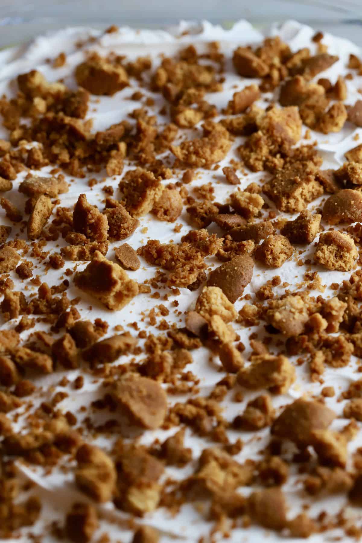 Crushed vanilla wafers cover a banana pudding sheet cake. 