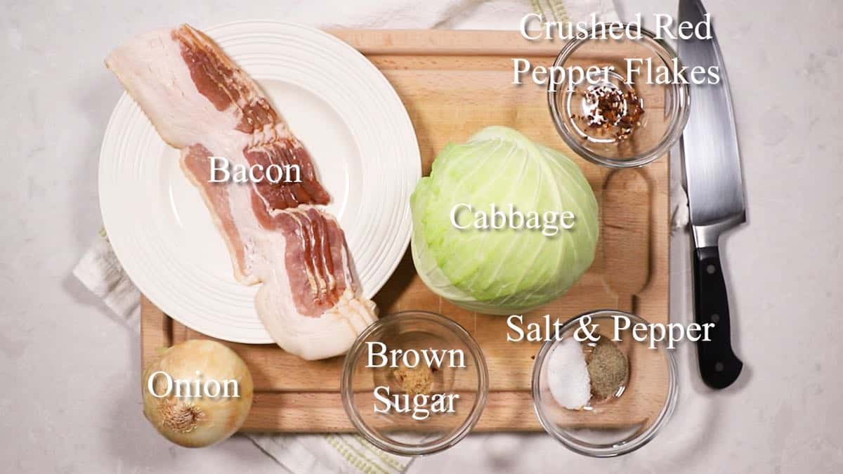 Ingredients for fried cabbage including cabbage and bacon. 
