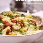 Pinterest pin showing a white bowl full of fried cabbage with bacon.
