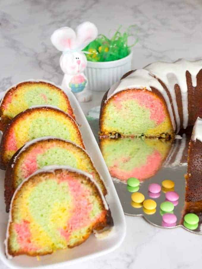 Slices of Easter surprise bundt cake.