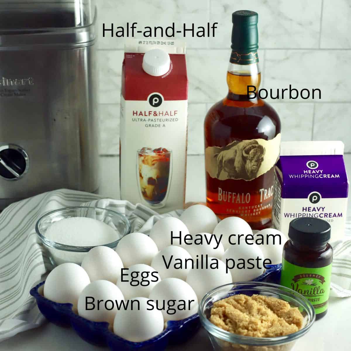 Ingredients for ice cream including eggs and heavy cream.