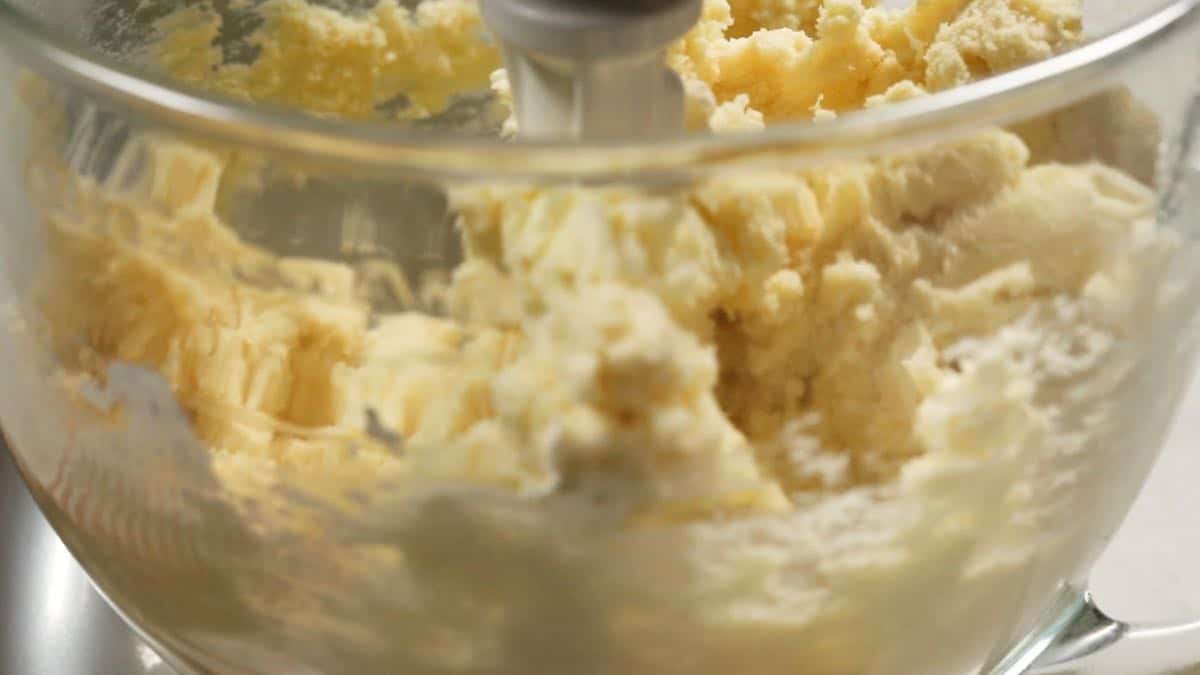 Cookie dough in a mixing bowl.