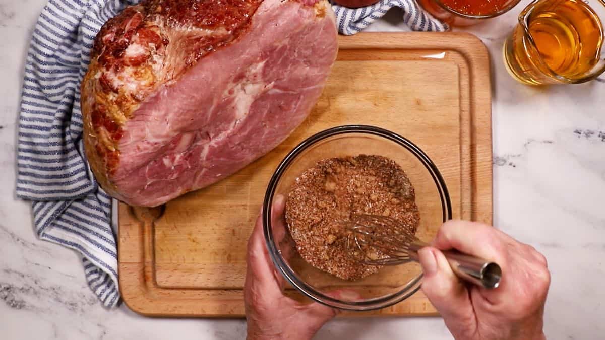 Mixing dry ingredients for a smoked ham rub.