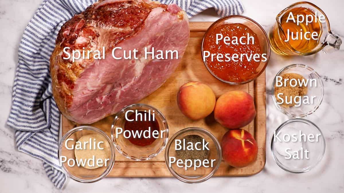 A spiral sliced ham, peach preserves and other ingredients to make a smoked ham. 