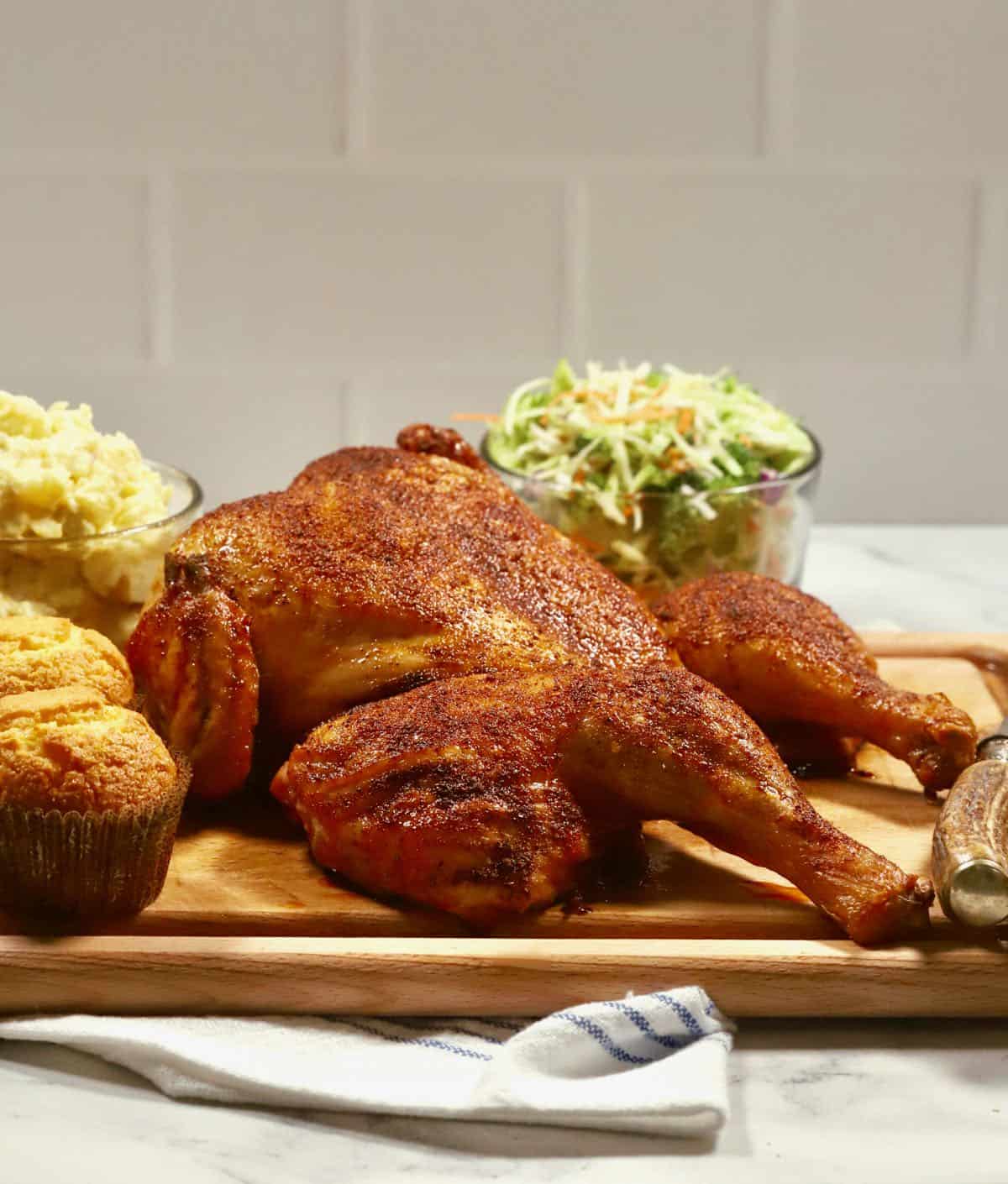 Smoked chicken on a cutting board with potato salad and coleslaw. 