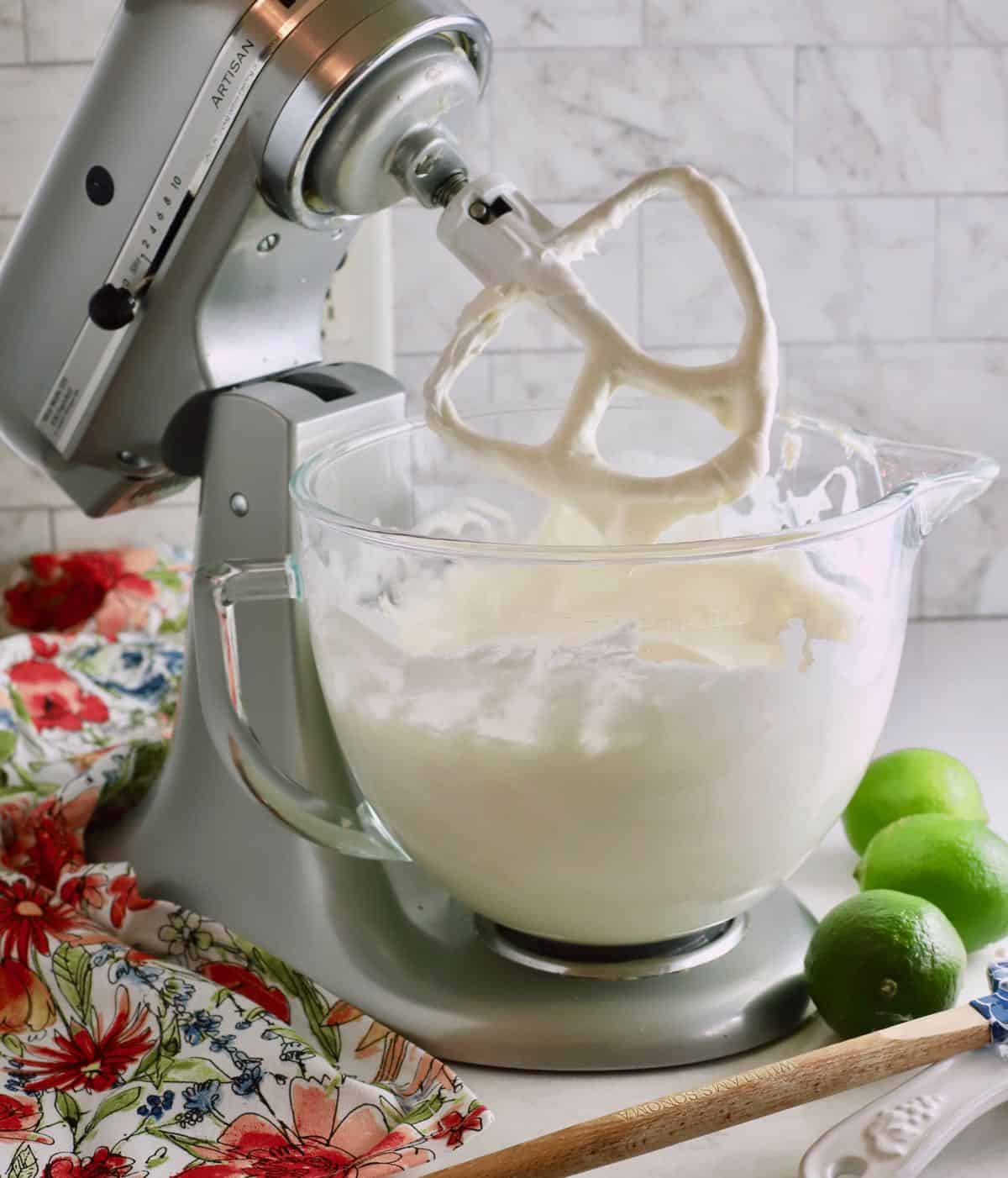 Key Lime Mousse in the bowl of an electric mixer. 