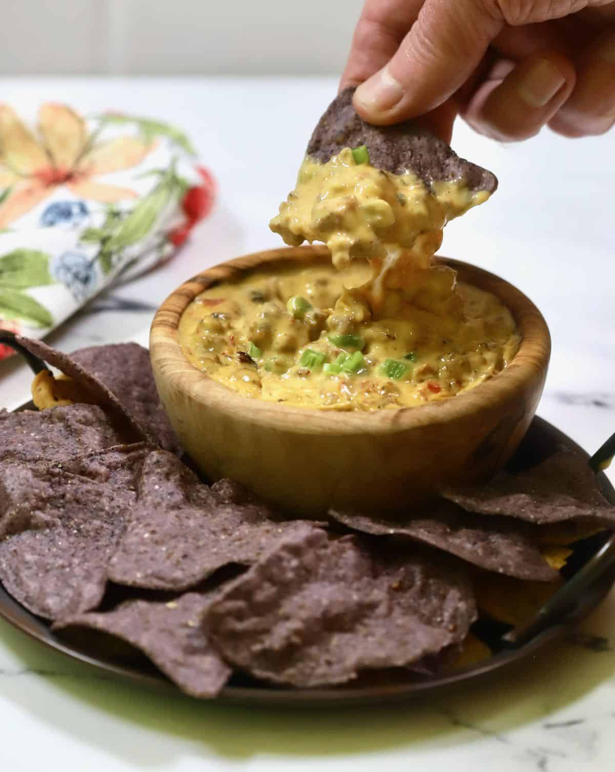 A bowl of smoked queso with chips.