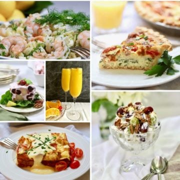 A collage of Mother's Day dishes including grape salad and quiche.