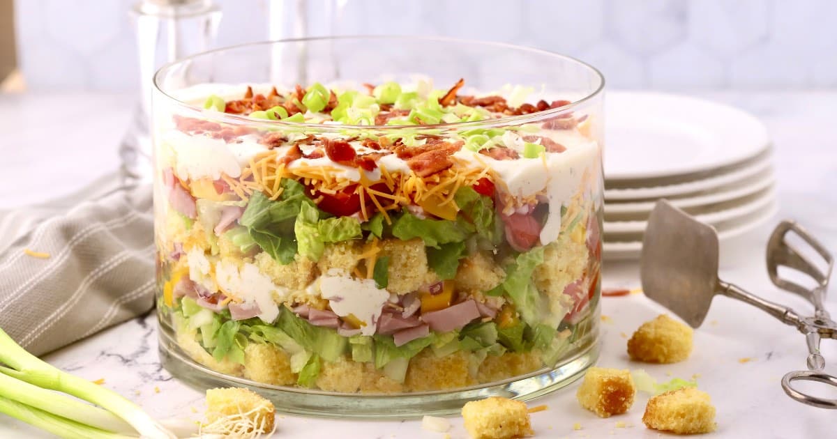 Ultimate Layered Southern Cornbread Salad | grits and pinecones.com
