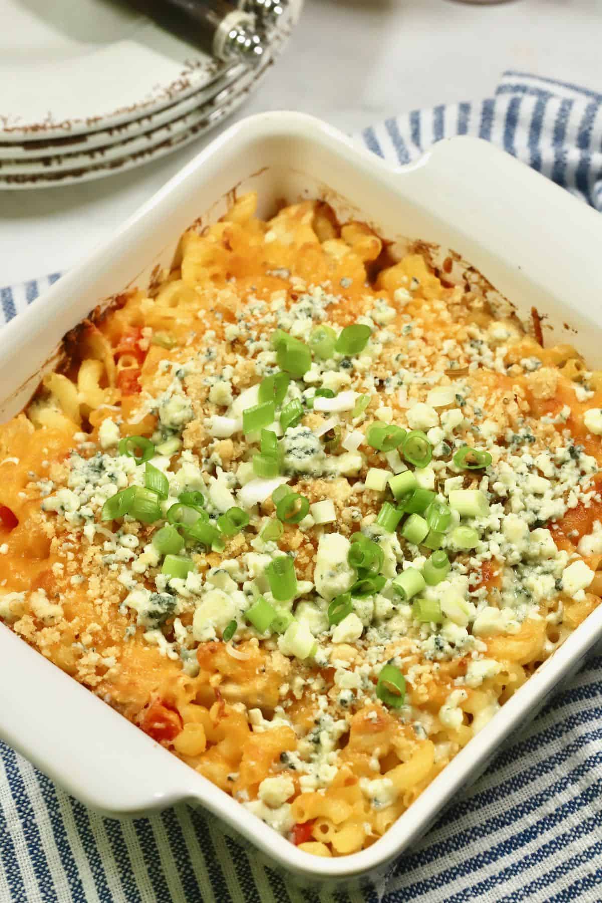 Baked Buffalo Chicken Pasta in a white baking dish.