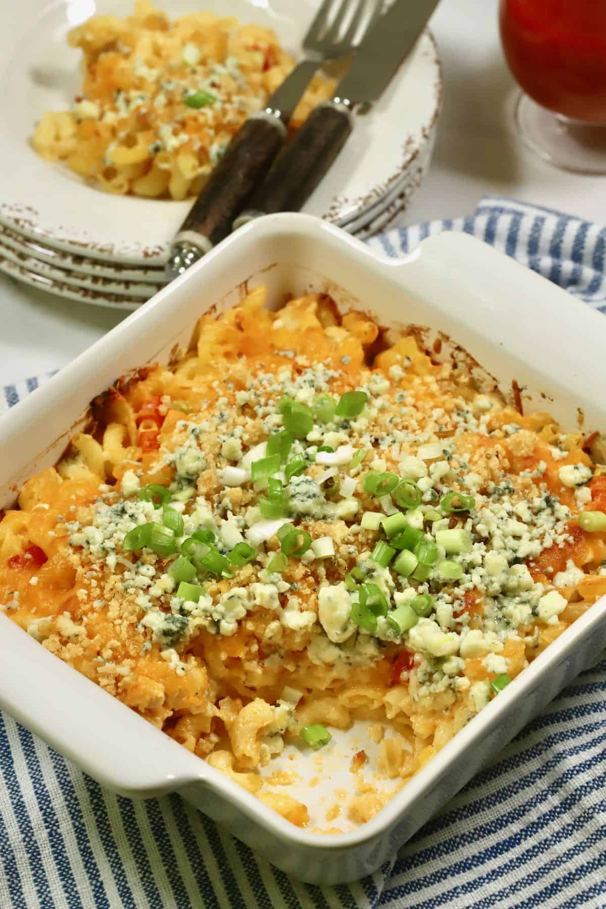 Buffalo Chicken Pasta Bake in a square casserole dish.