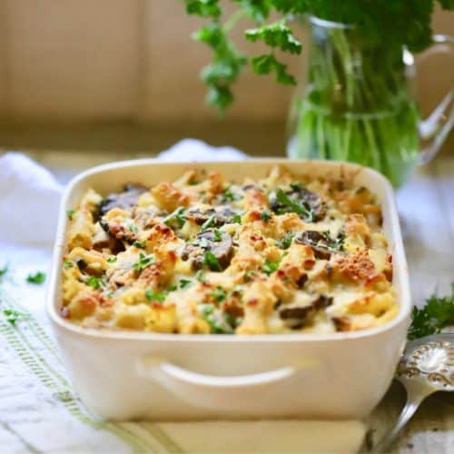 Chicken Marsala Pasta in a white baking dish.