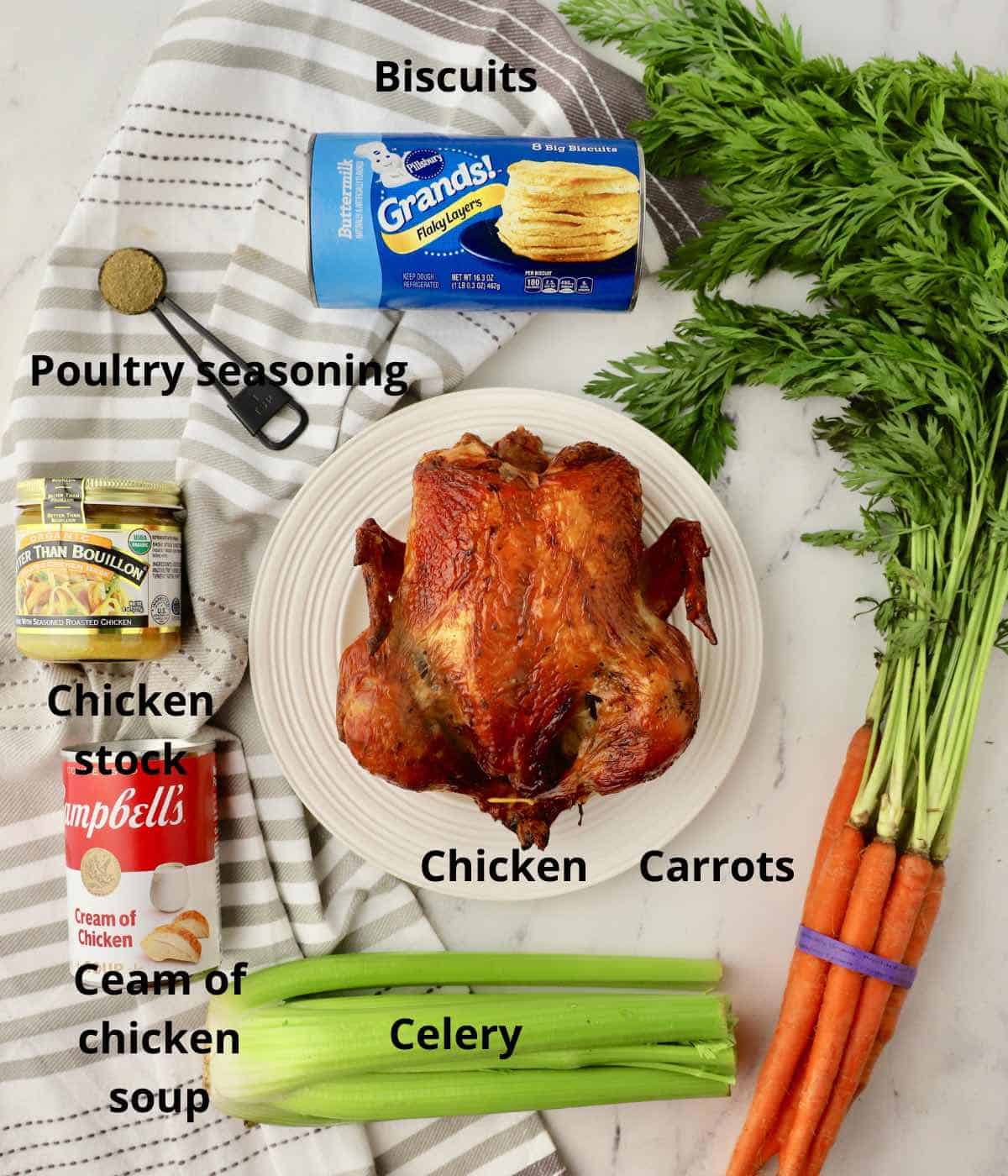 A rotisserie chicken plus other ingredients for chicken and dumplings.  