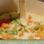 A Dutch Oven full of chicken, carrots, and celery with strips of biscuit dough being dropped in.