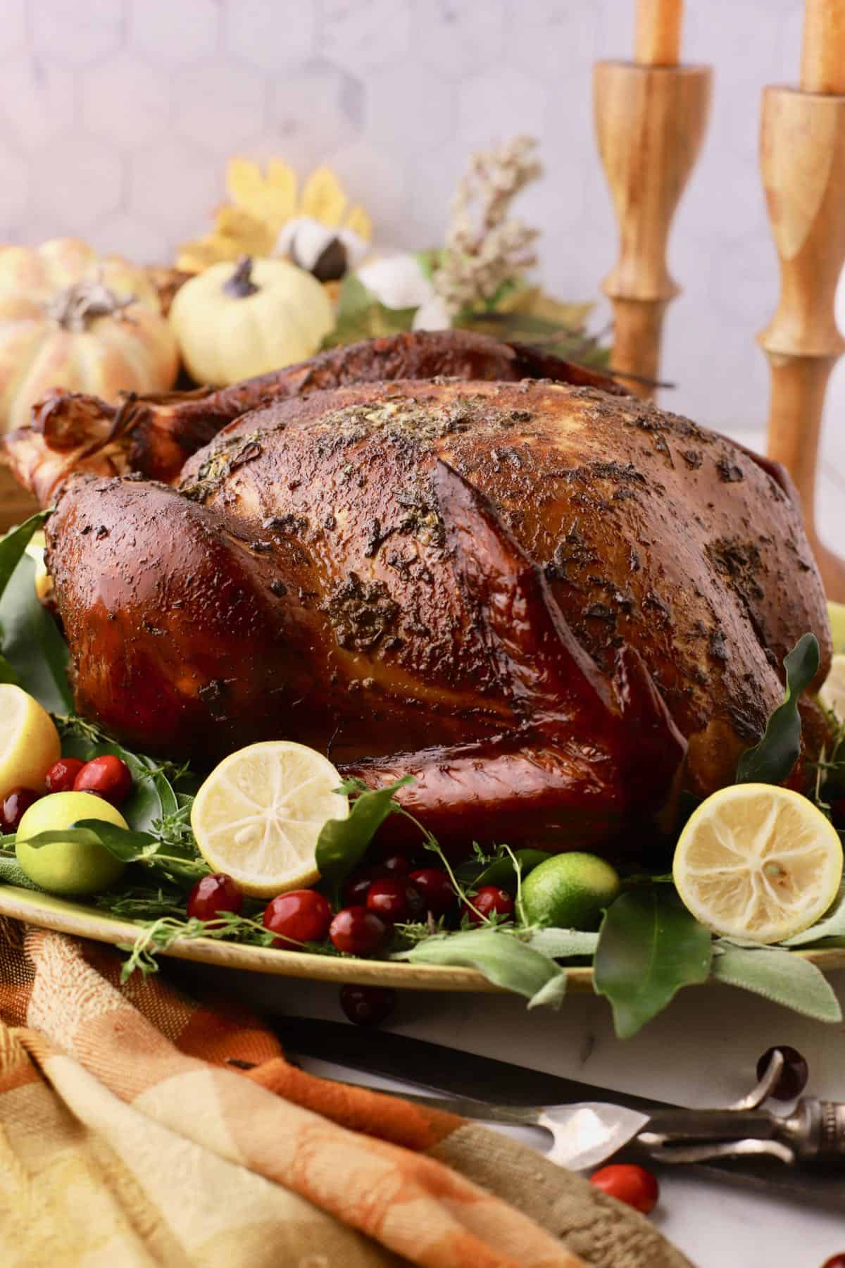 Smoked turkey on a Thanksgiving table. 