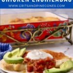 Pinterest pin with a serving of sour cream chicken enchiladas.