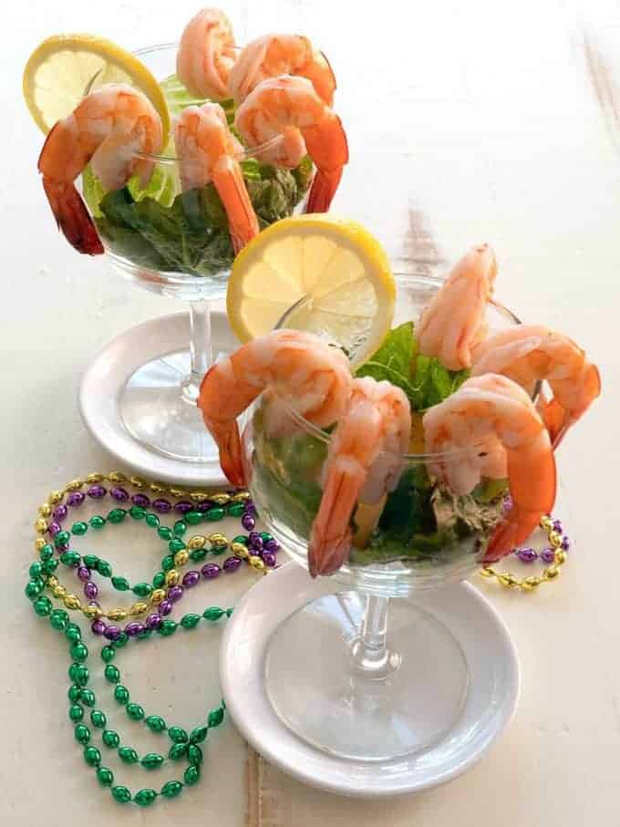 Shrimp remoulade in shrimp cocktail glasses. 