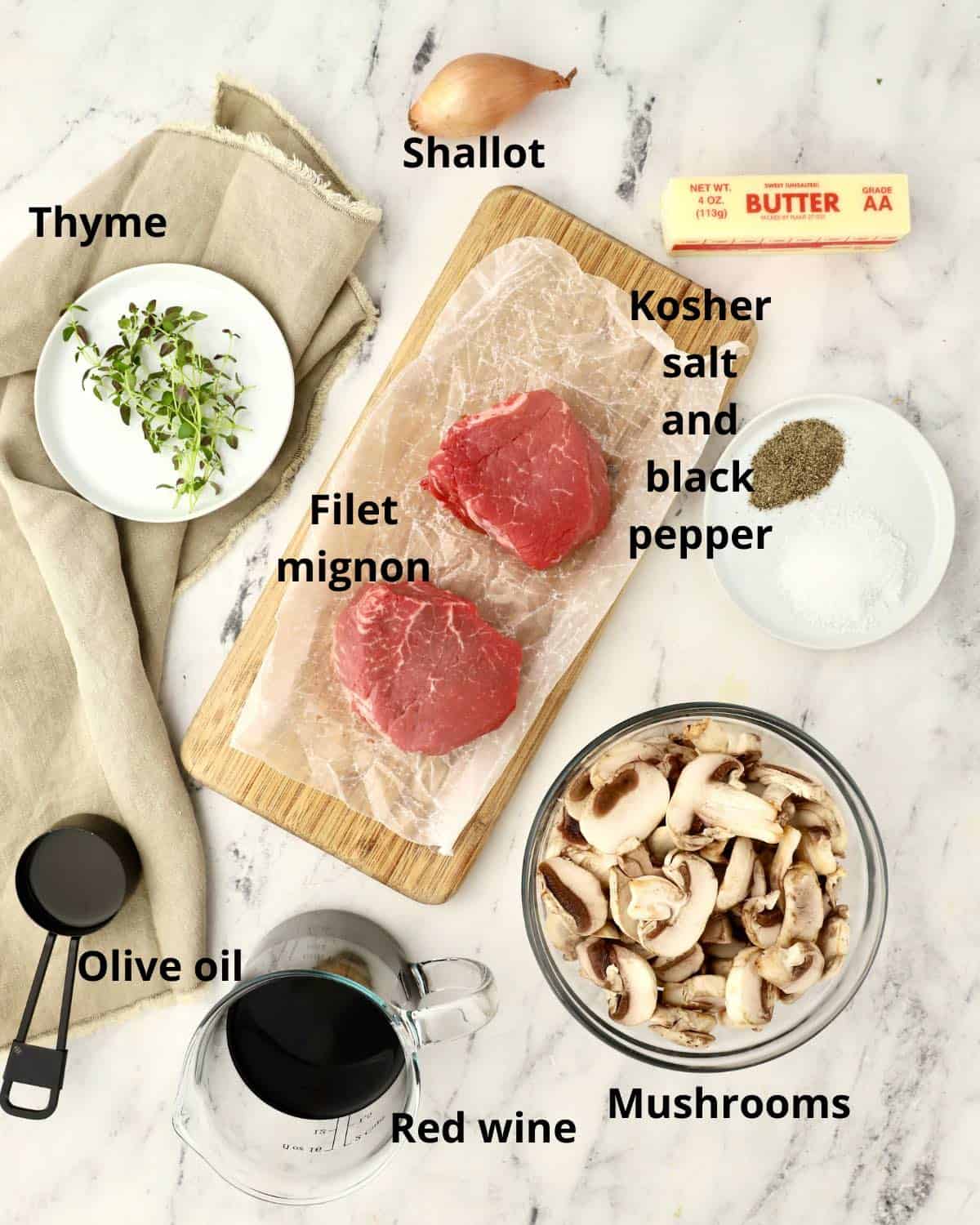Ingredients for Filet Mignon with Red Wine Sauce with mushrooms. 