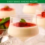 Pinterest pin showing a glass dish full of panna cotta and fresh strawberries.